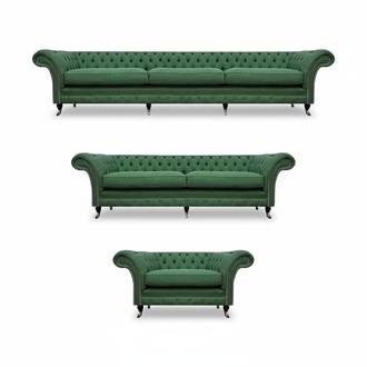 Green upholstered Chesterfield living room suite, single seat, 3-seater.