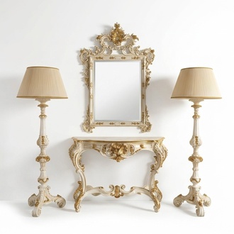 Group 4pcs Set Style Classic 2xLamp Console Table with Mirror Furniture Wood New