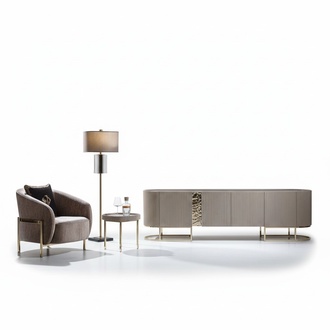 Group armchair living room side table beige fabric TV stand set 3 pieces