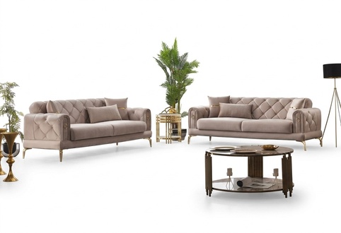 Group of upholstered sofa fabric sofa couch three-seater sofa 3-seater beige 2-piece.