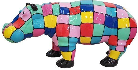 Abstract decorative sculpture designed as gloss standing hippopotamus in colorful puzzle patterns 45x100cm