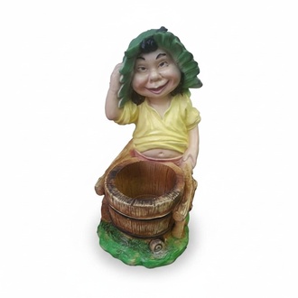 Decorative garden figure designed as a garden dwarf with a wooden bucket 48cm