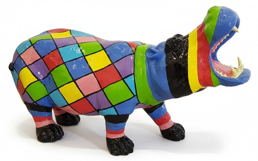 Decorative abstract sculpture designed as a shouting gloss hippopotamus with colorful puzzle patterns 60x20cm
