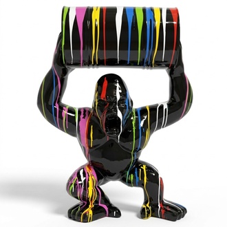 Abstract decorative modern sculpture designed as black colored gorilla with a box 100cm height
