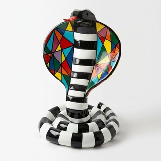 Decorative abstract sculpture designed as colorful standing cobra with stripes 90cm height