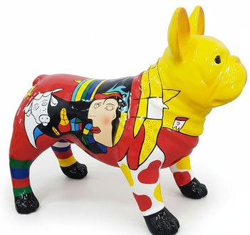 Abstract decorative garden sculpture designed as multi-colored dog figure 75x100cm