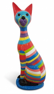 Decorative gloss sculpture in modern style designed as an abstract sitting cat with colorful stripes 98cm