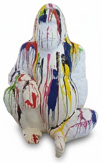White colored abstract decorative sculpture designed as sitting gorilla with colorful stripes 110cm height