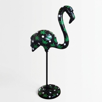 Decorative sculpture designed as full black colored abstract gloss standing flamingo with plants patterns 119cm