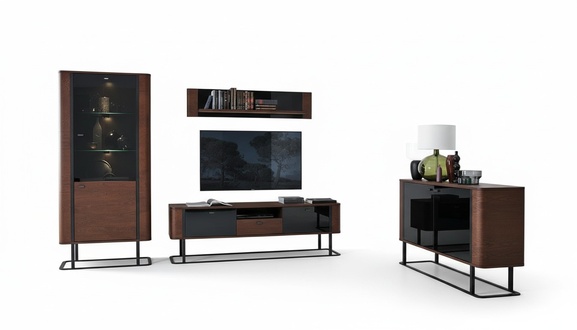 Modern style made of real wooden living room set of showcase, sideboard, TV lowdoard & wall shelf section