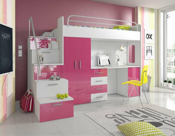 DOUBLE BUNK BED BUNK BED WITH DESK + WARDROBE PINK