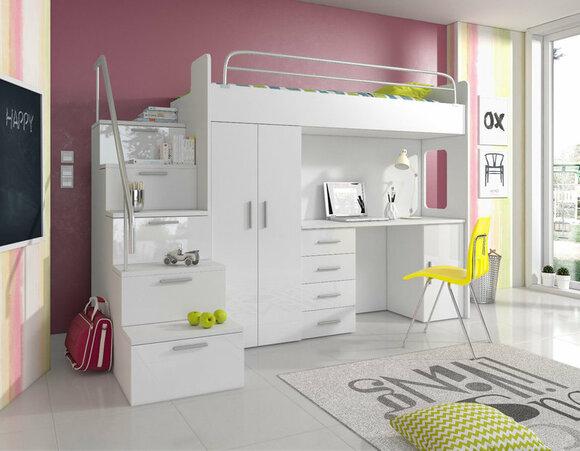 Double bunk bed bunk bed bunk bed with writing desk + wardrobe - raj-4-s-white