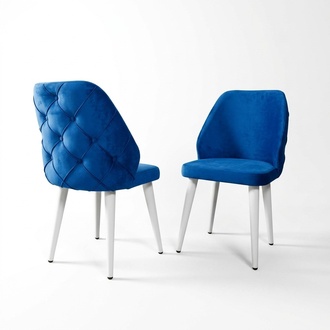 Wooden upholstered chair blue back Chesterfield on white legs dining room