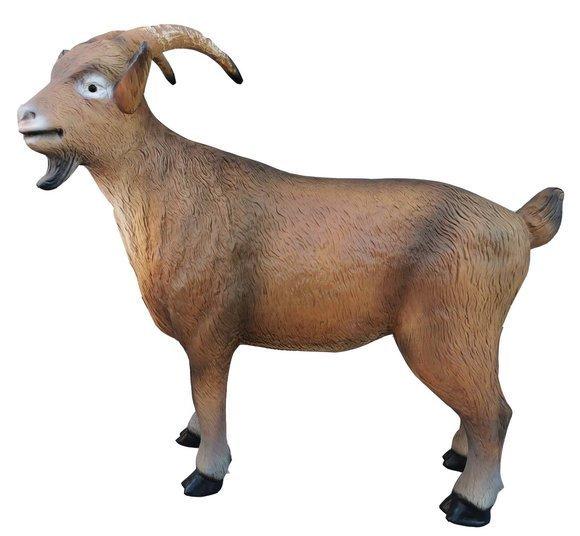 Decorative abstract sculpture designed as light brown colored standing goat 90x160cm