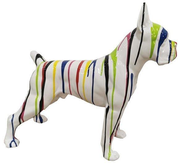 Abstract decorative sculpture designed as gloss white colored standing dog with colorful patterns 47x55cm