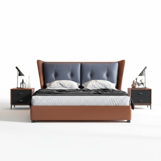 Italian luxury modern style leather set of chesterfield design double bed & 2x-bedside tables