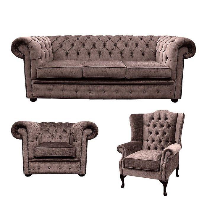 Chesterfield Classic Design Sofa Set 3+1 Seaters + Wing Back Armchair Beige Textile Cover New