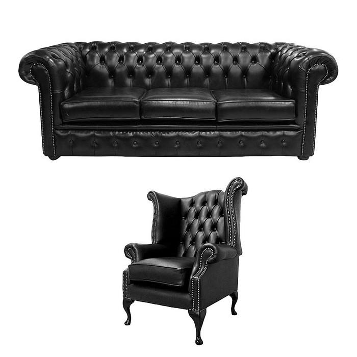 Chesterfield Sofa Set 3-Seater + Wing Armchair Black Faux Leather Upholstered Comfortable Classic Couches New