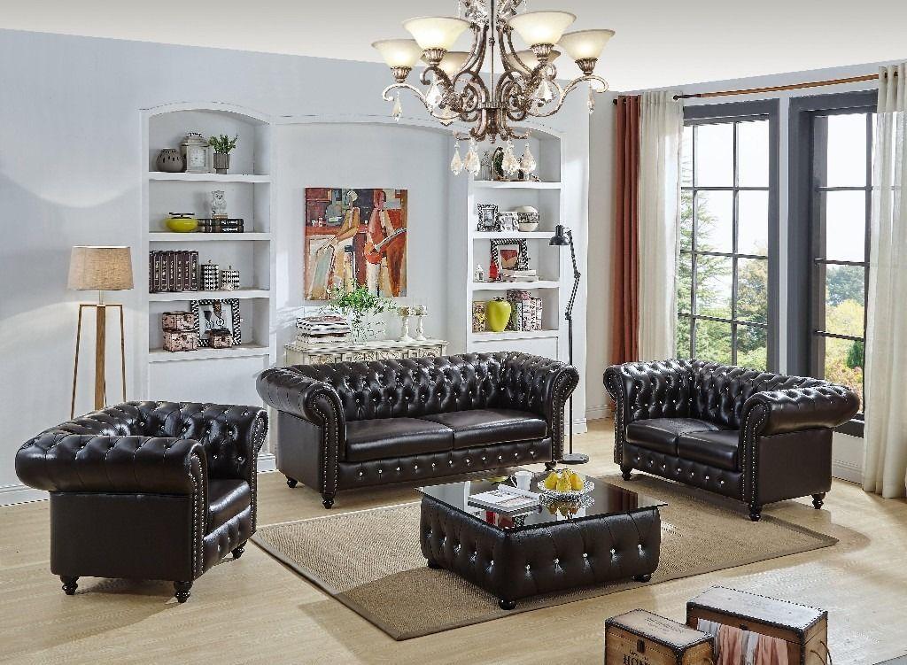 Chesterfield Classic Sofa Set 3+2+1 Seaters Black Faux Leather Comfortable Living Room Couches New