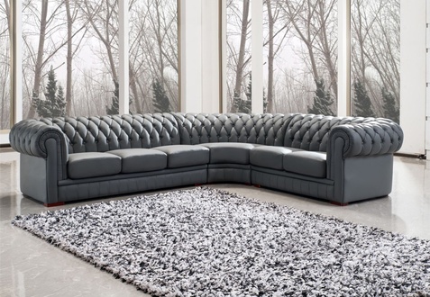 Chesterfield Corner Sofa L-Shaped Grey Faux Leather Upholstery Comfortable Living Room Couch New