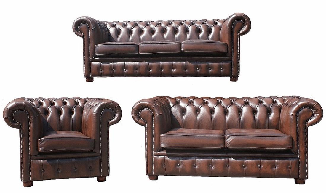 Chesterfield Sofa Set 3+2+1 Seaters Classic Brown Faux Leather With Comfortable Cushions New