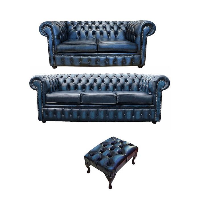 Chesterfield Sofa Set 3+2 Seaters + Footstool Navy Blue Faux Leather Shiny Upholstery Comfortable Couches