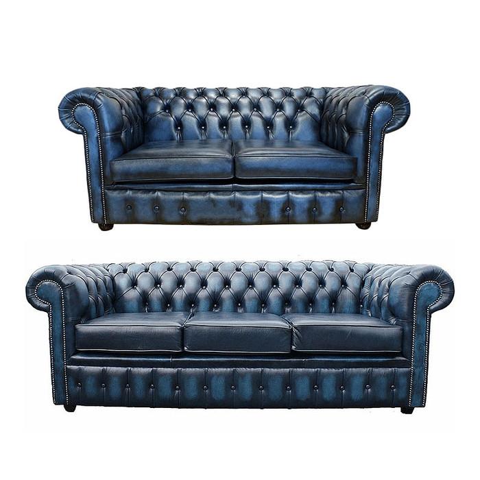 Premium Chesterfield Sofa Set 3+2 Seaters Upholstered Faux Leather Dark Blue Comfortable Couches