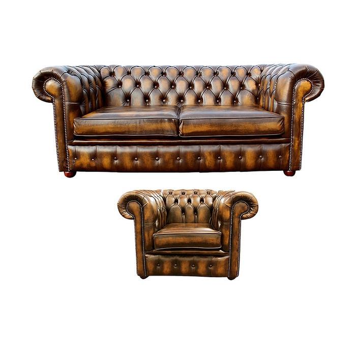 Faux Leather Sofa Set 2-Seater + Wing Chair Shiny Upholstery Brown Chesterfield Couches With Buttons