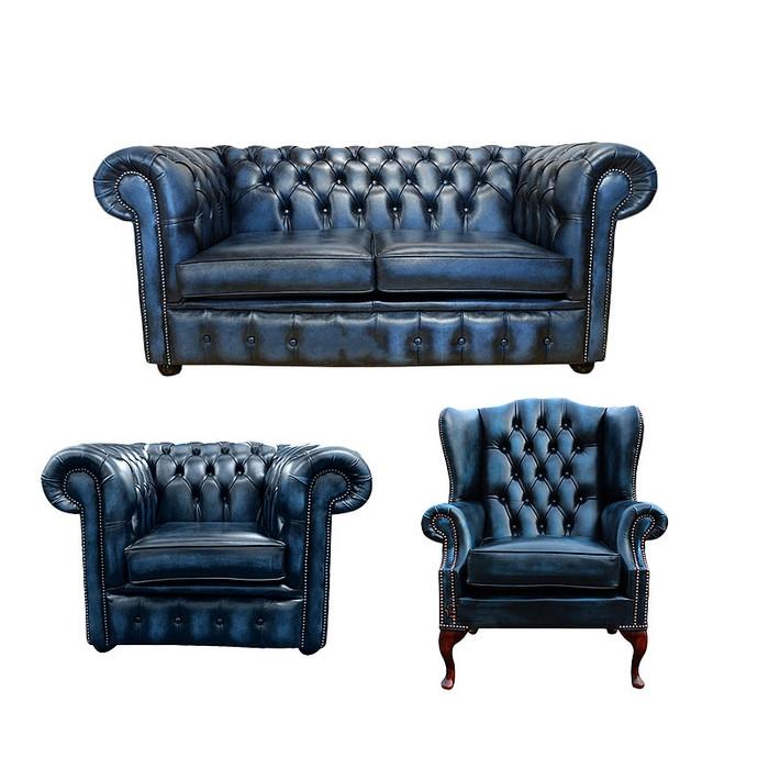 Chesterfield Sofa Set 2+1 Seaters + Wing Back Armchair Blue Faux Leather With Buttons New