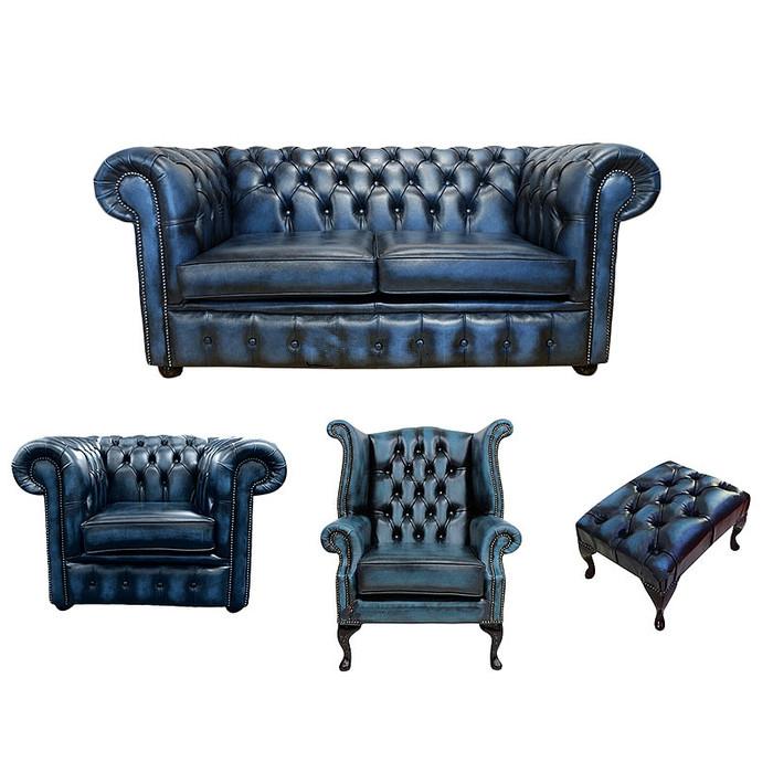 Chesterfield Blue Faux Leather High-quality Sofa Set 2+1 Seaters + Wing Chair + Stool Comfortable Couches New