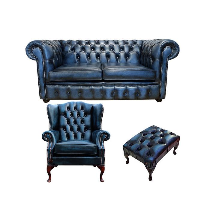 Chesterfield Couch Upholstery Sofas Classic 2 Seater + Wingback Chair + Stool 469