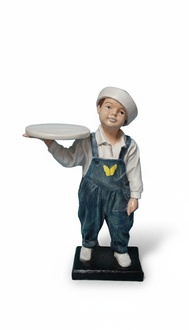Original colored deco figure designed as a waiter boy with a tray 80cm