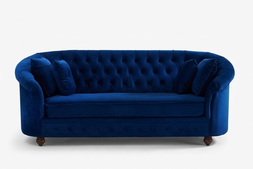 Premium Chesterfield Sofa Upholstered Blue Textile 3-seater Comfortable Soft with Cushions Rounded Back
