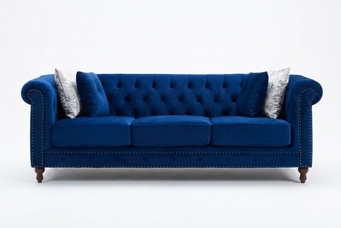 Classic Chesterfield Sofa 3-Seater Blue Upholstered Couch Very Comfortable Textile with Cushions