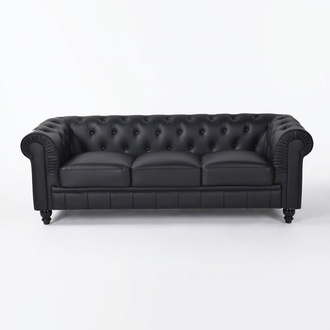 Chesterfield Sofa Black 3-Seater Upholstered Premium Faux Leather With Soft Seat Cushions New