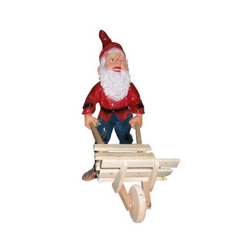 Colorful decorative sculpture designed as a dwarf with a wooden wheelbarrow 75cm K20