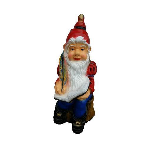 Colorful decorative sculpture designed as a dwarf sitting on a stump writing a book 82cm K4