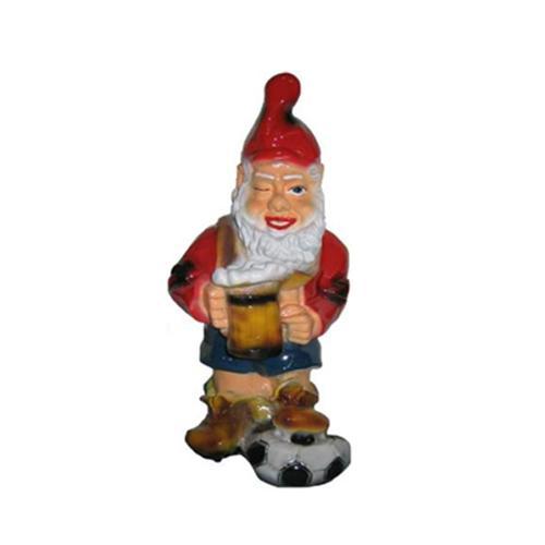 Decorative colorful sculpture designed as a standing dwarf with beer & ball 85x116cm K42
