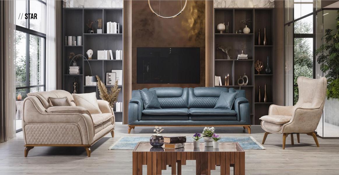 Sofa set 3+3+1 seater blue armchair luxury leather sofa couch furniture