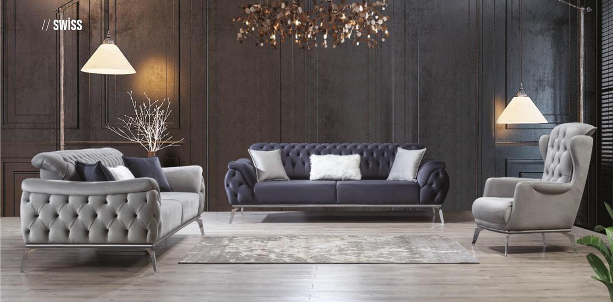 Sofa Set 3+3+1 Seater Blue Armchair Luxury Chesterfield Furnishings
