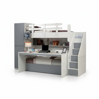 Children\'s room set in white wood with bunk bed, desk.