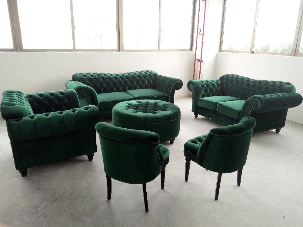 Chesterfield Sofa Set 3+2+1 Seaters + Stools + 2x Chairs Textile Green 6-Piece Living Room Furniture Set New