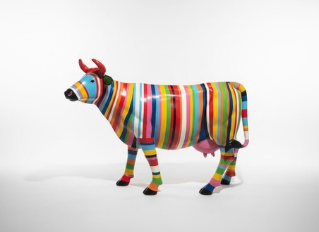 Garden abstract decorative sculpture designed as standing cow in colorful stripes 147x220cm