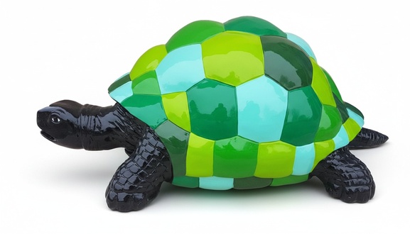 Decorative abstract sculpture designed as a black gloss turtle with mosaic style shell in green tones colored 40x109cm