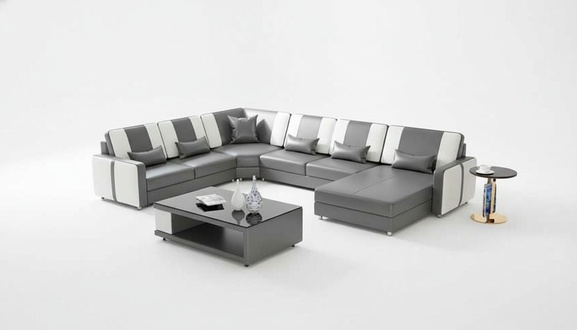 Large living area sofa corner sofa U shape grey faux leather XXL modern