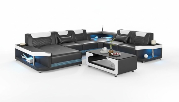 Large sofa living area LED XXL U shape corner sofa leather sofa black