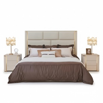 Modern style leather marriage double bed stainless steel made of real wooden frame180x200cm size