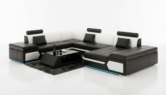 Leather sofa living landscape corner sofa set modern design black + USB