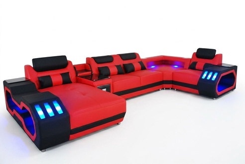 Leather sofa couch living landscape corner set modern design U-shaped sofa red
