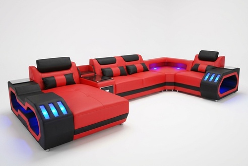 Leather sofa couch living landscape set modern design U-shaped sofa with USB